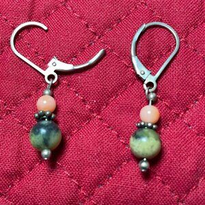 Pierced Drop Earrings Silver With Lt. Pink & Variegated Green Beads
